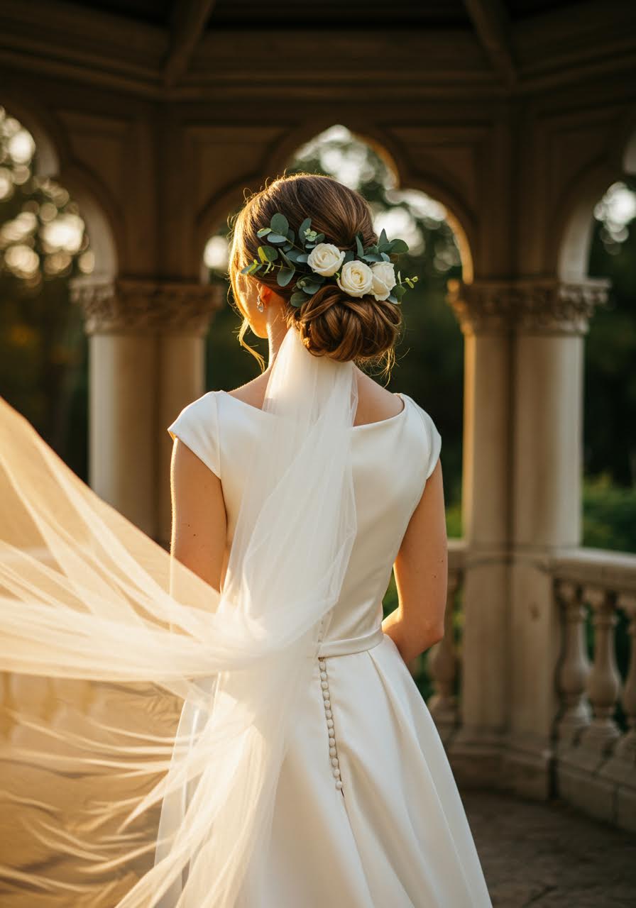 Full length portrait of bride with floral hair accessories in pavilion