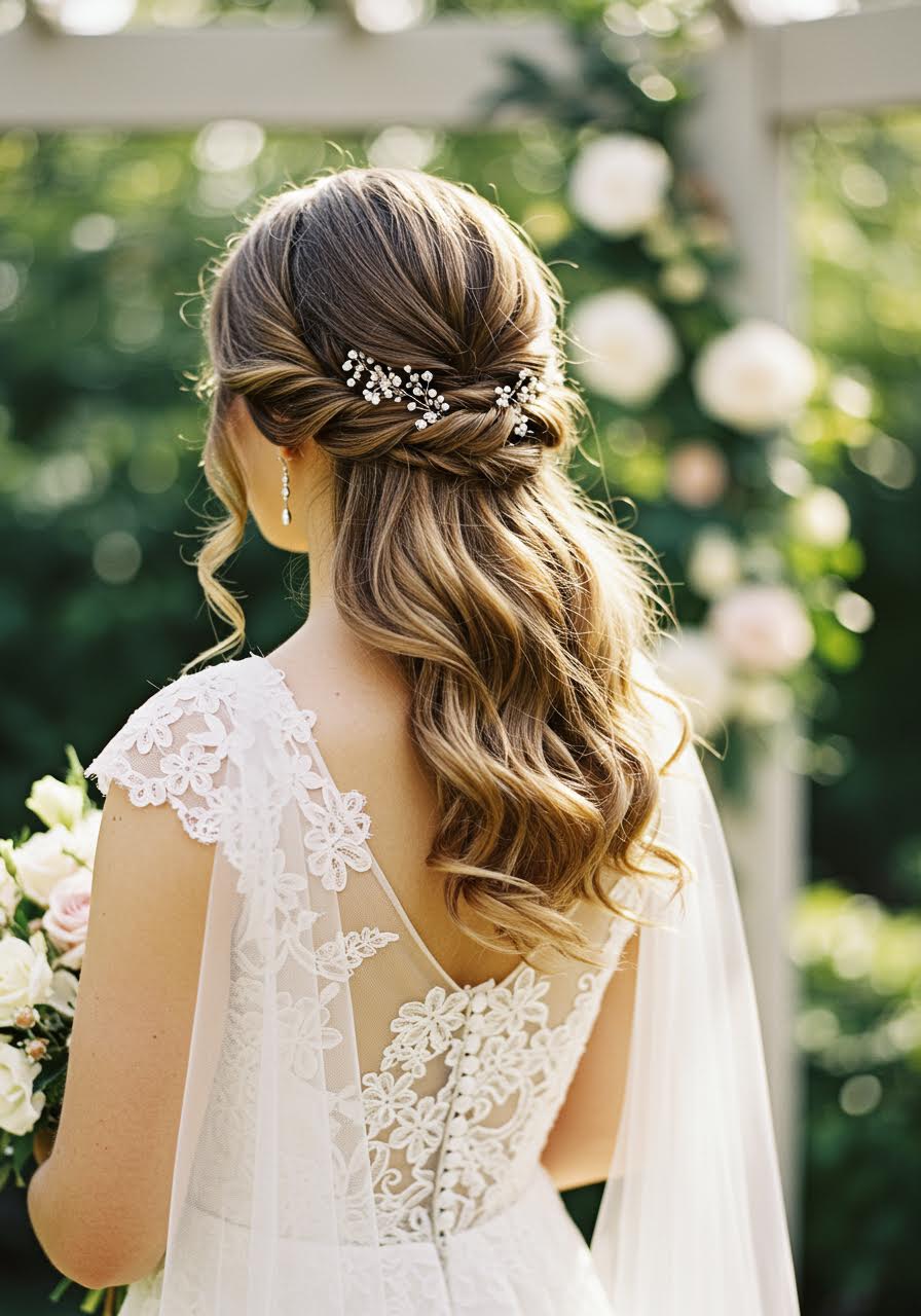 Detailed view of intricate lace dress and twisted side wedding hairstyle