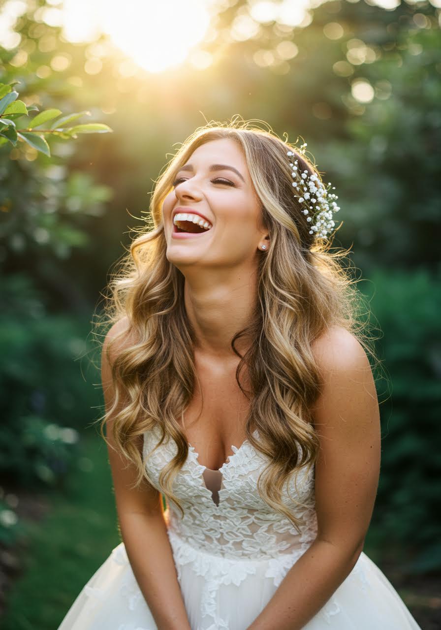 Joyful bride laughing with voluminous curls in sunny courtyard setting