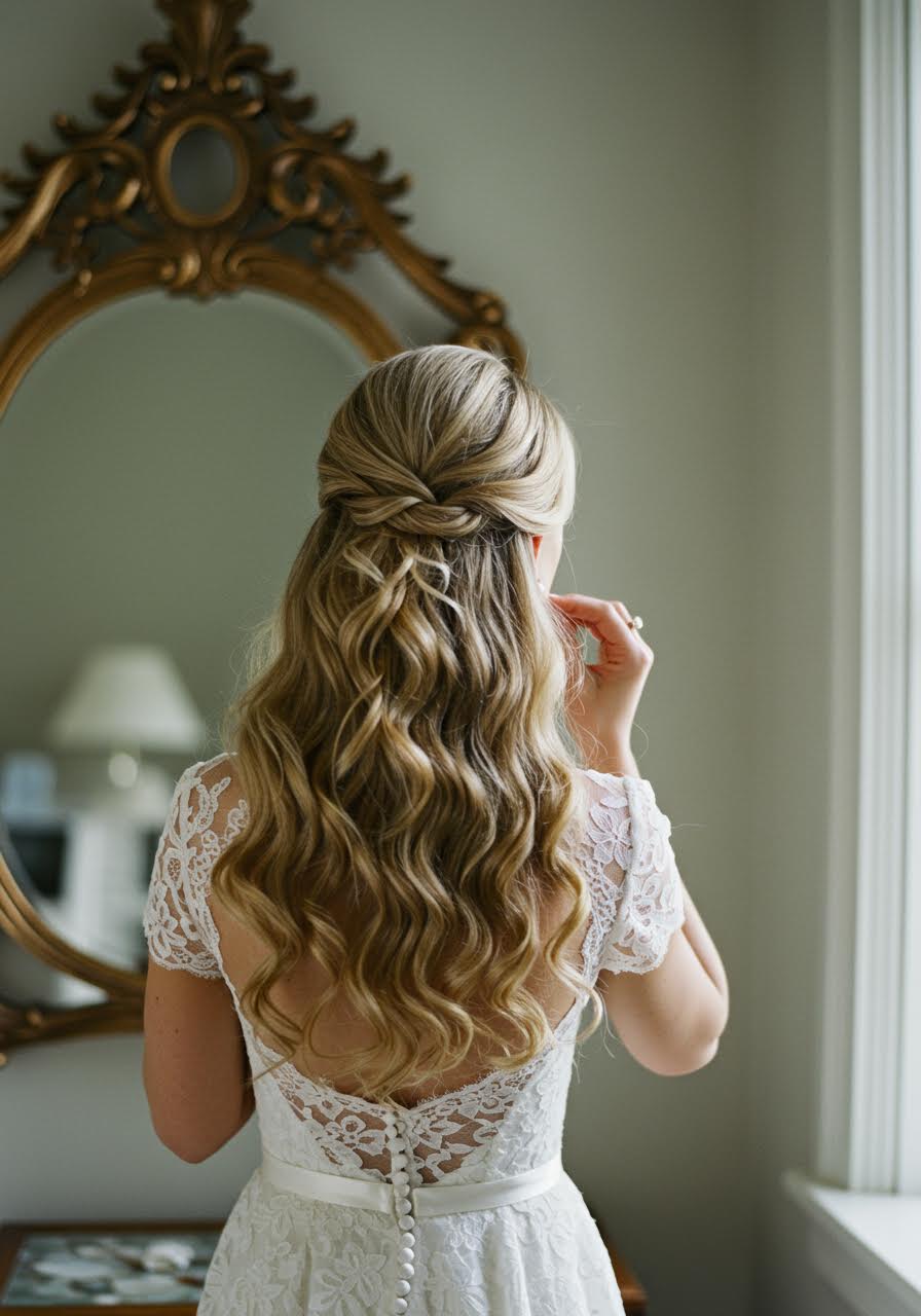 Bride with voluminous curls half up hairstyle in elegant bridal suite