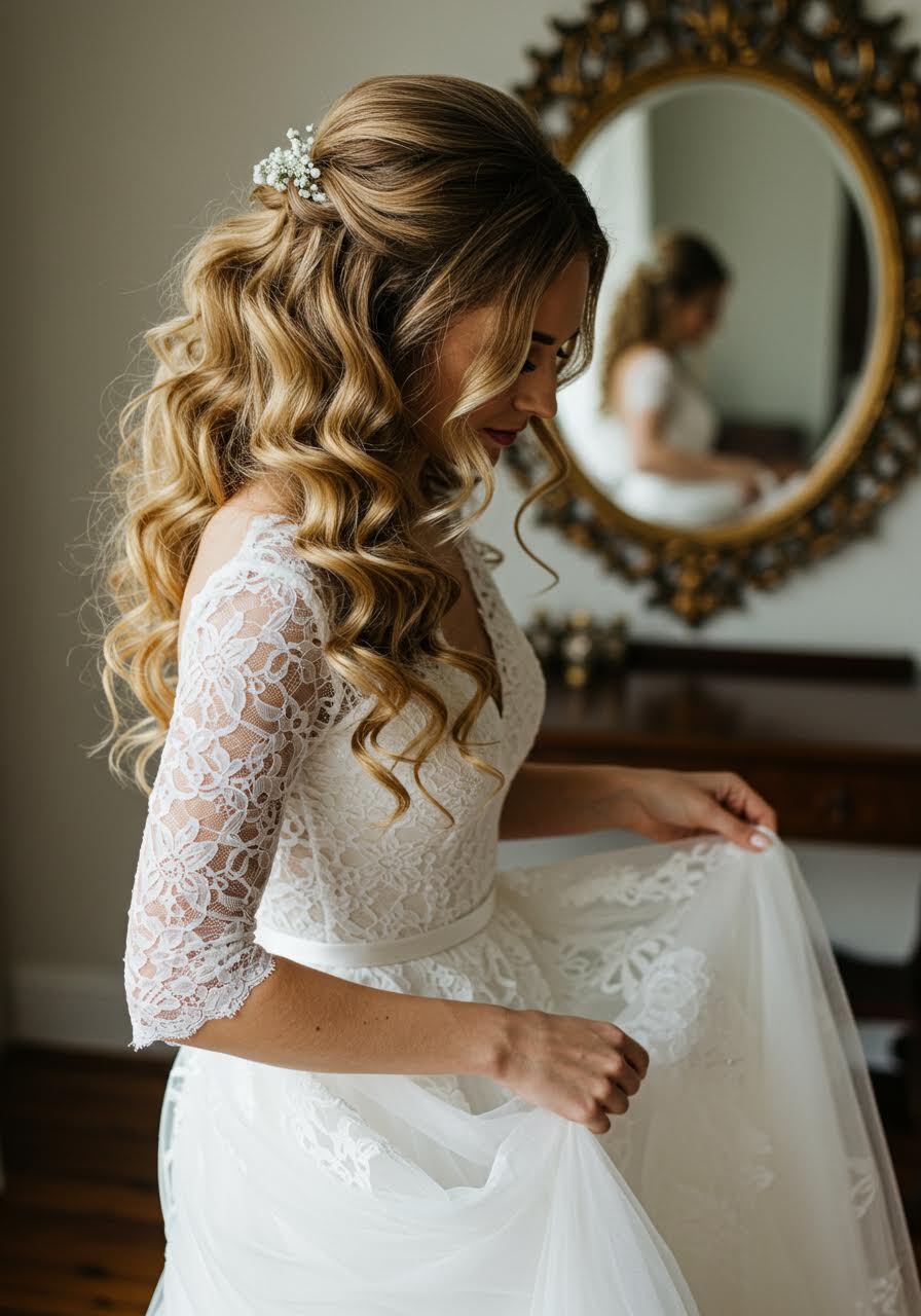 Bride adjusting dress with voluminous half up half down hairstyle