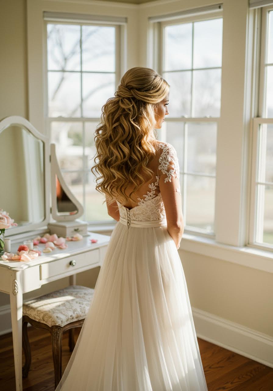 Romantic bride with face-framing curls in golden hour portrait