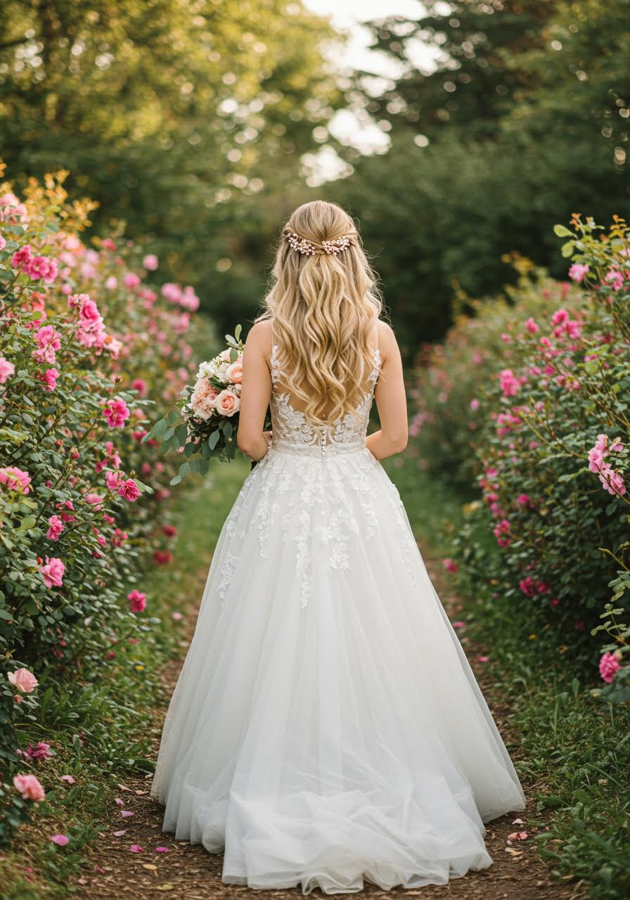 Romantic bride with pearl pins walking through blooming garden pathway