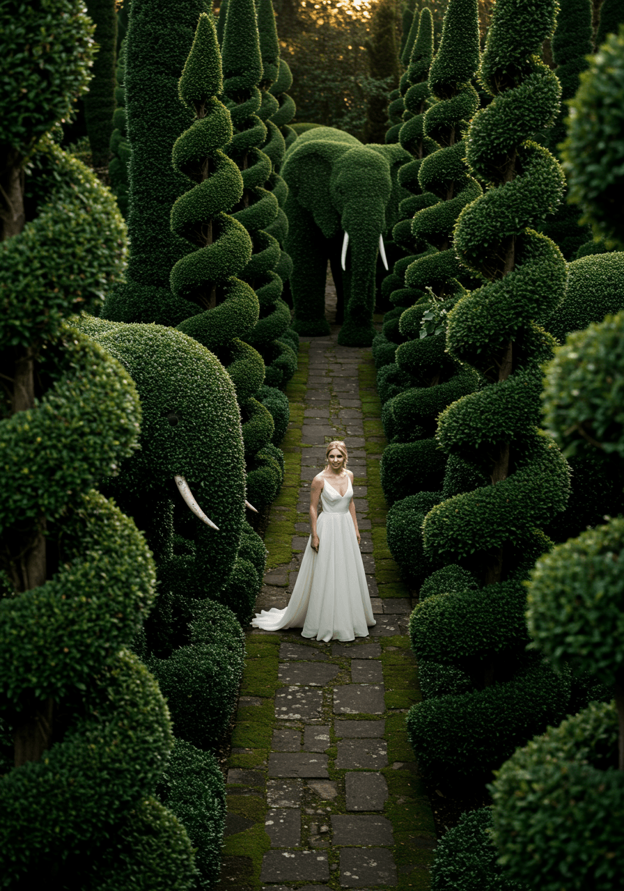 Aerial view of bride in elaborate topiary garden with peacock and elephant-shaped hedge artistry