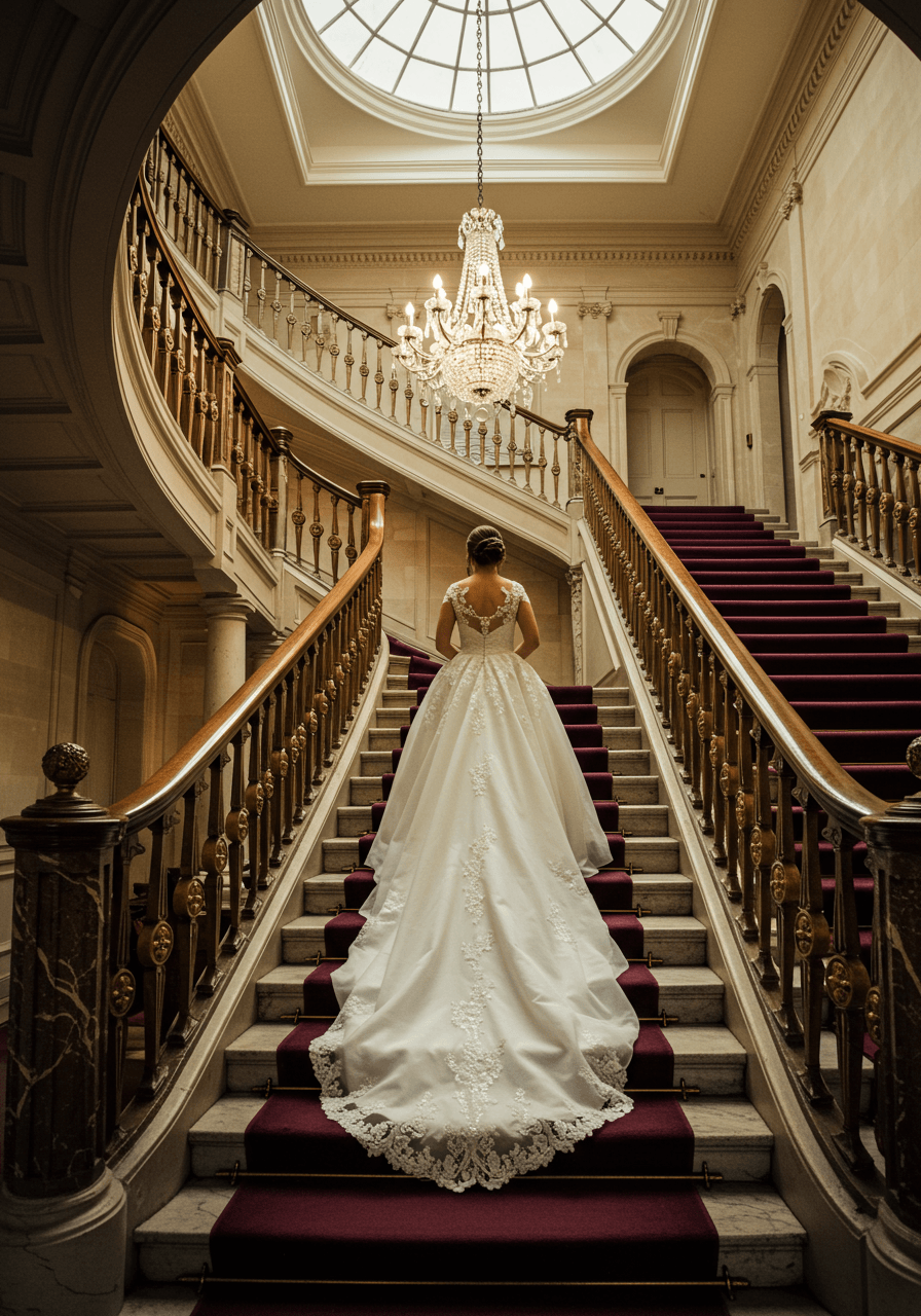 Wide view of grand staircase with crystal chandelier and bride in voluminous wedding dress