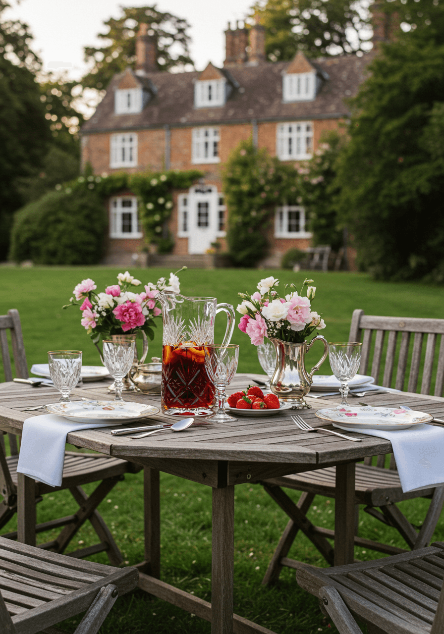 Elegant outdoor table setting with cut crystal, silver serving pieces, and garden roses on manicured lawn
