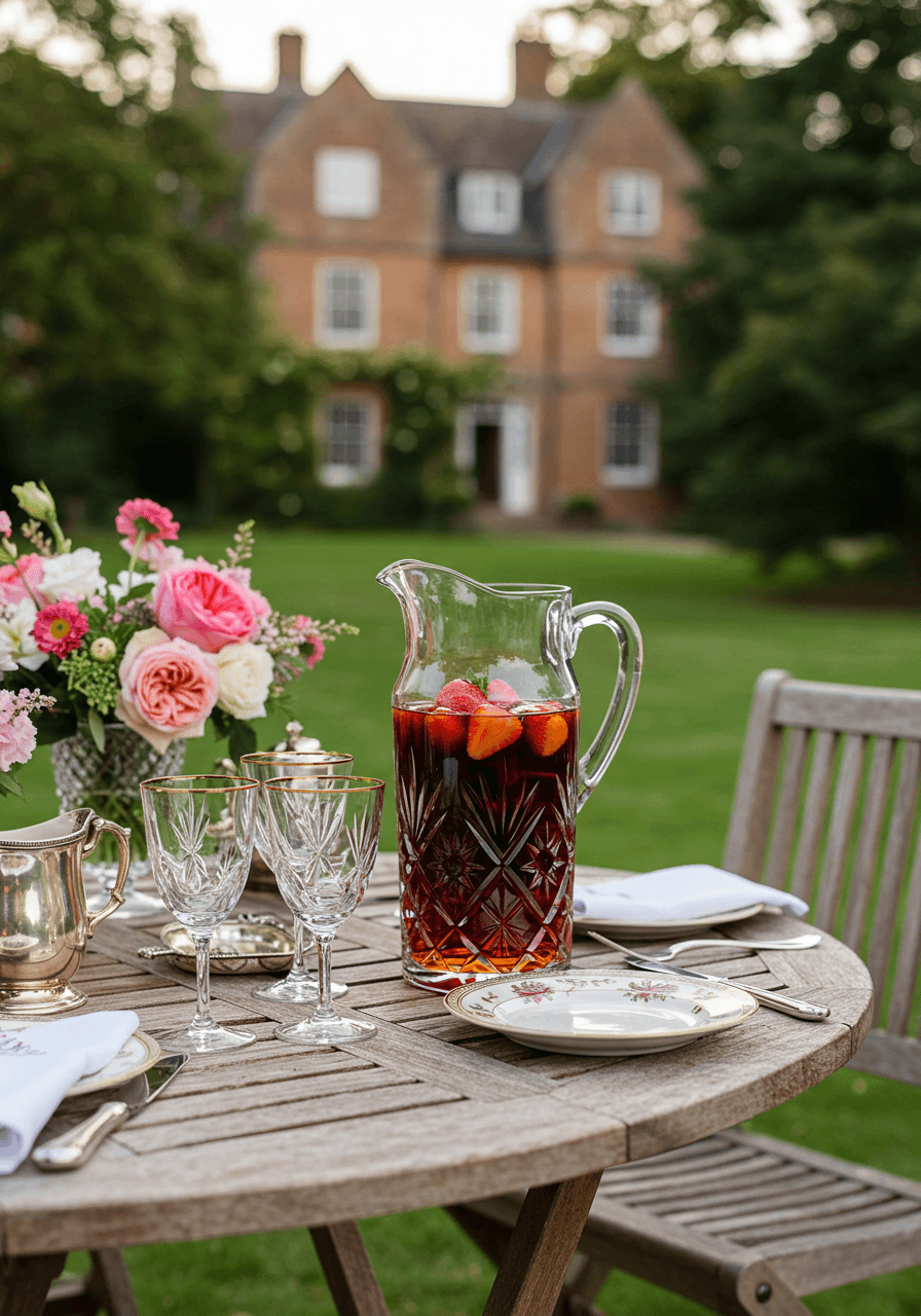 Ornate crystal Pimm's jug and glasses on vintage garden table with china and fresh flowers overlooking English manor
