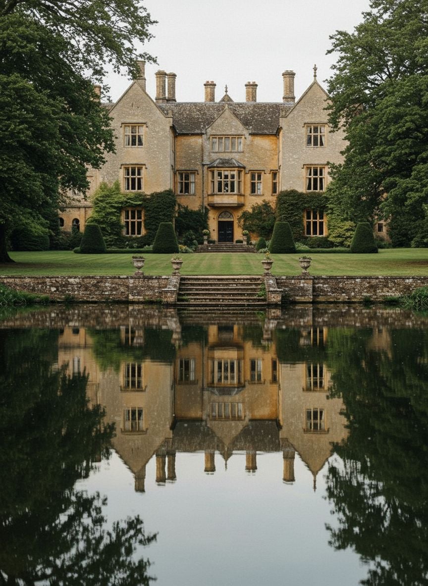 Bride in ivory silk gown on stone steps overlooking mirror-like lake reflecting grand English manor estate
