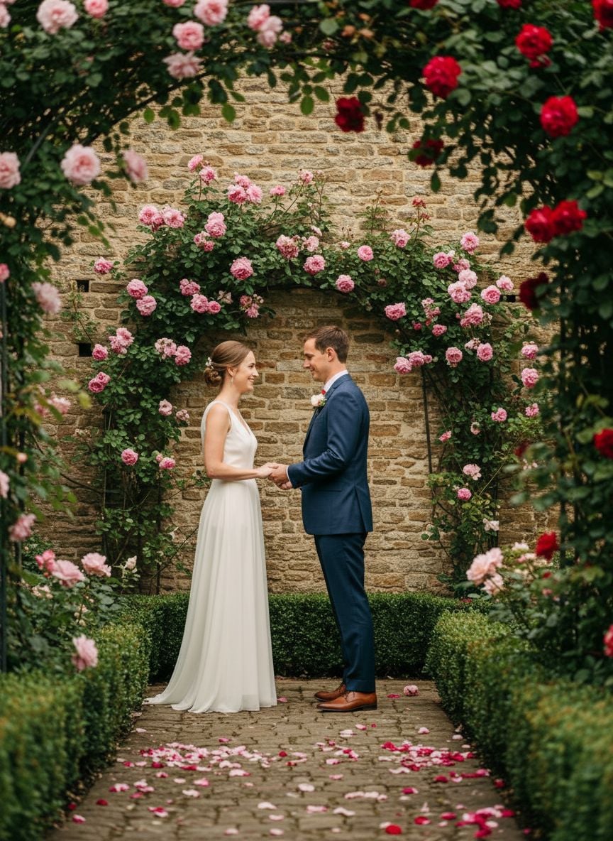 Wedding ceremony in secret garden with rose arbours and weathered limestone walls during golden hour