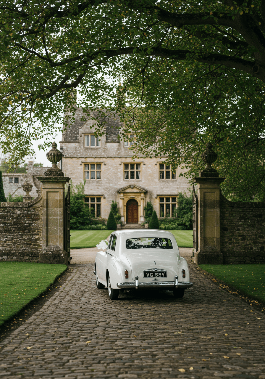 White vintage Rolls-Royce wedding car approaching grand English manor estate down cobblestone driveway surrounded by ancient elm trees