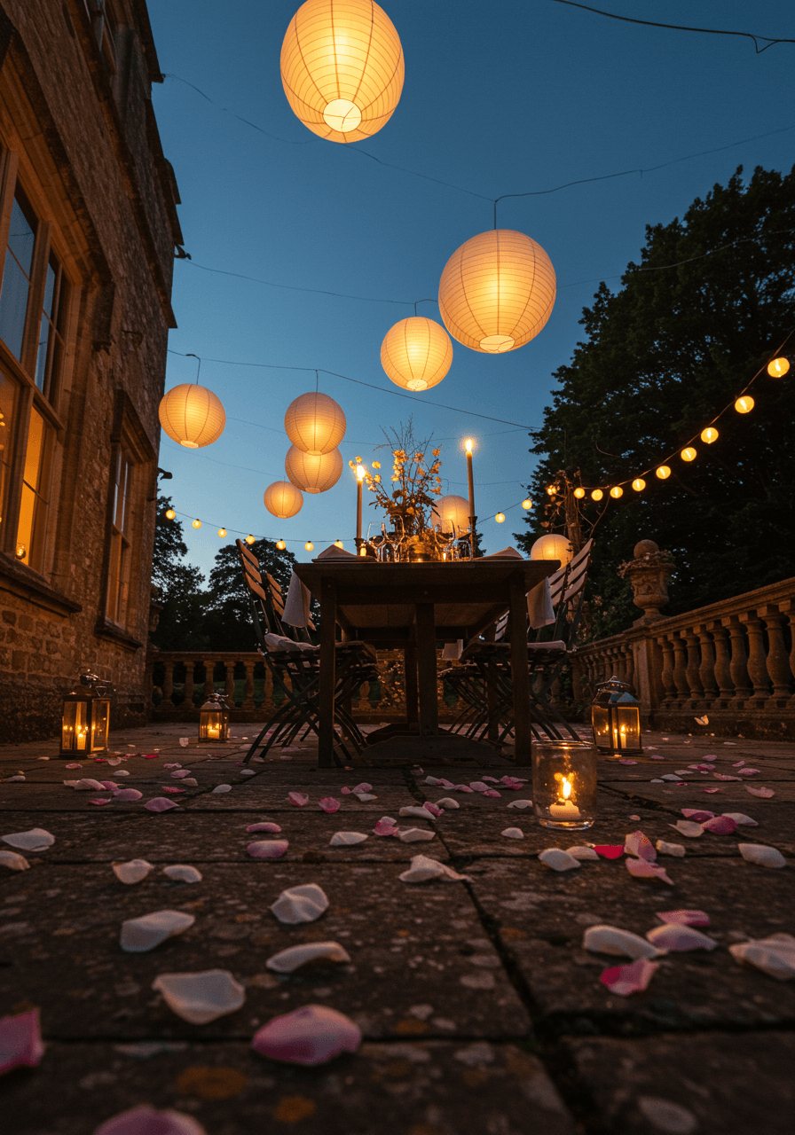 Bird's eye perspective of twilight terrace reception with symmetrical lantern placement and garden views