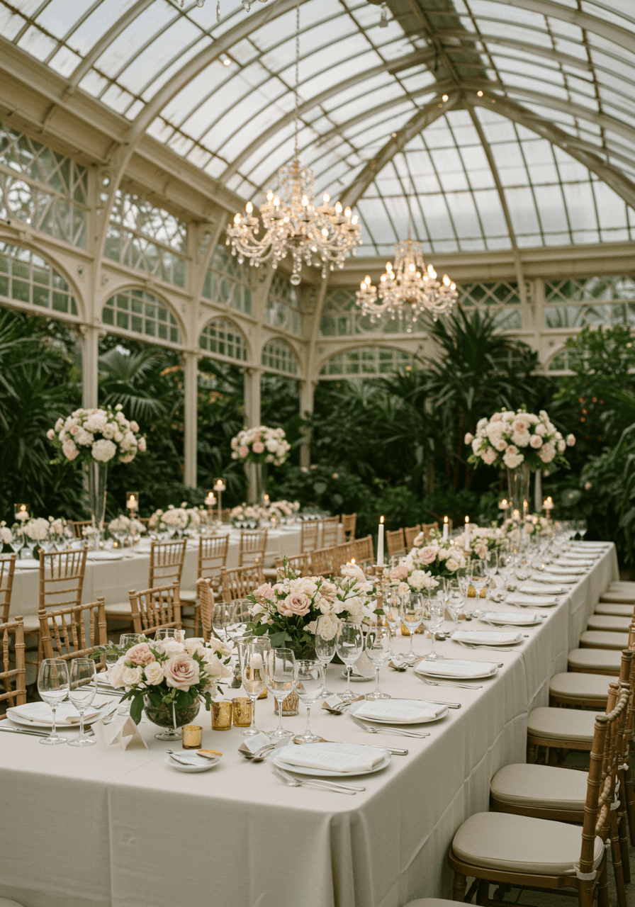 Elegant reception setup in glass orangery with crystal chandeliers and tropical plants lining walls