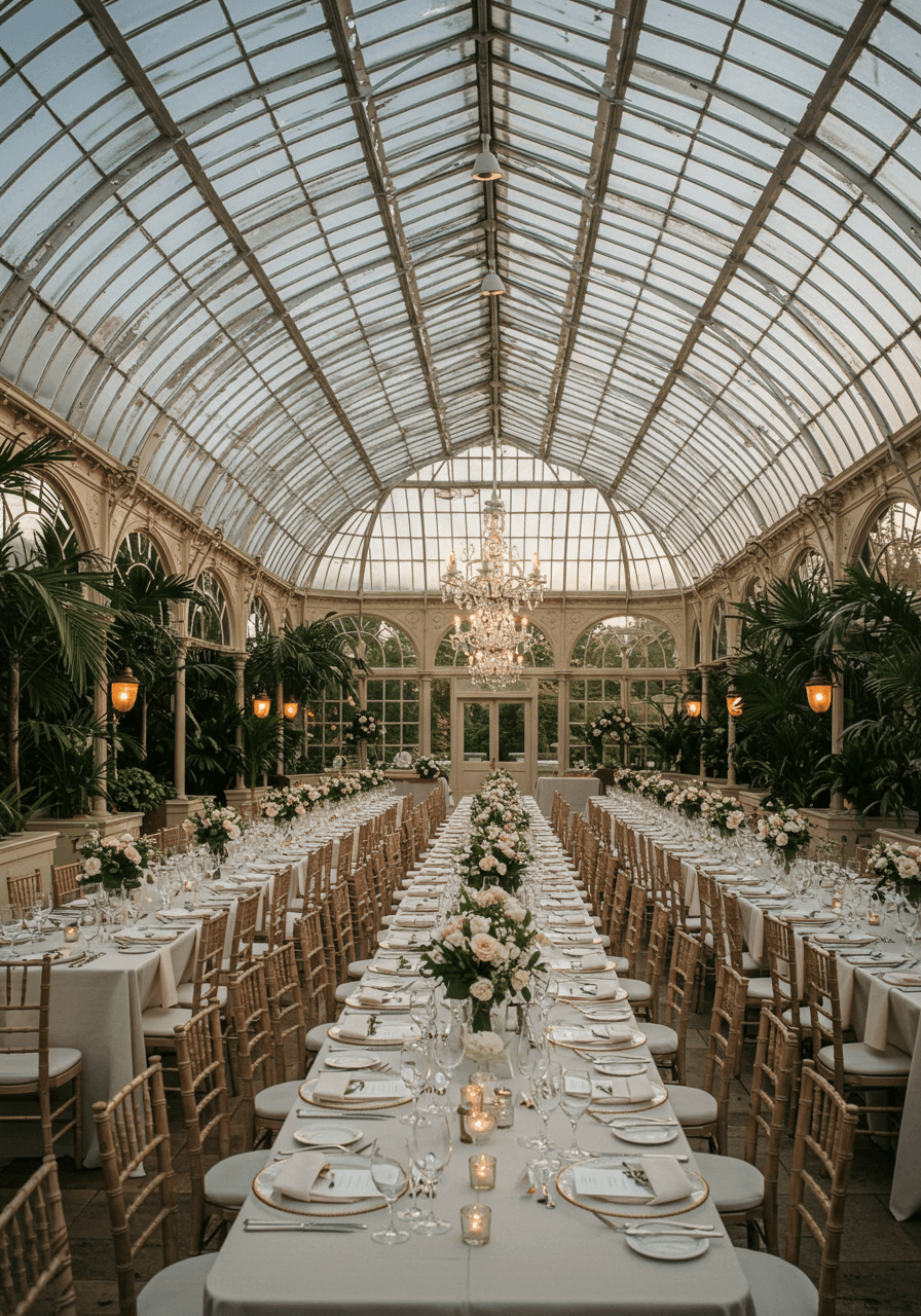 Long banquet tables with floral centrepieces in Victorian glass conservatory with soaring ceilings during golden hour