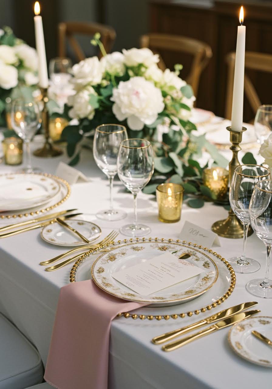 Refined reception table setting with polished gold flatware and ivory candles