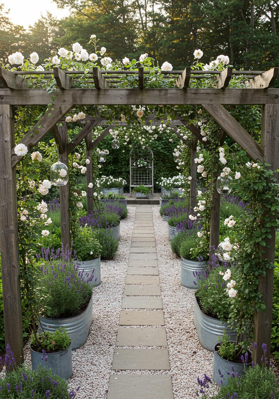Morning light garden setting with lavender borders and stone pathways
