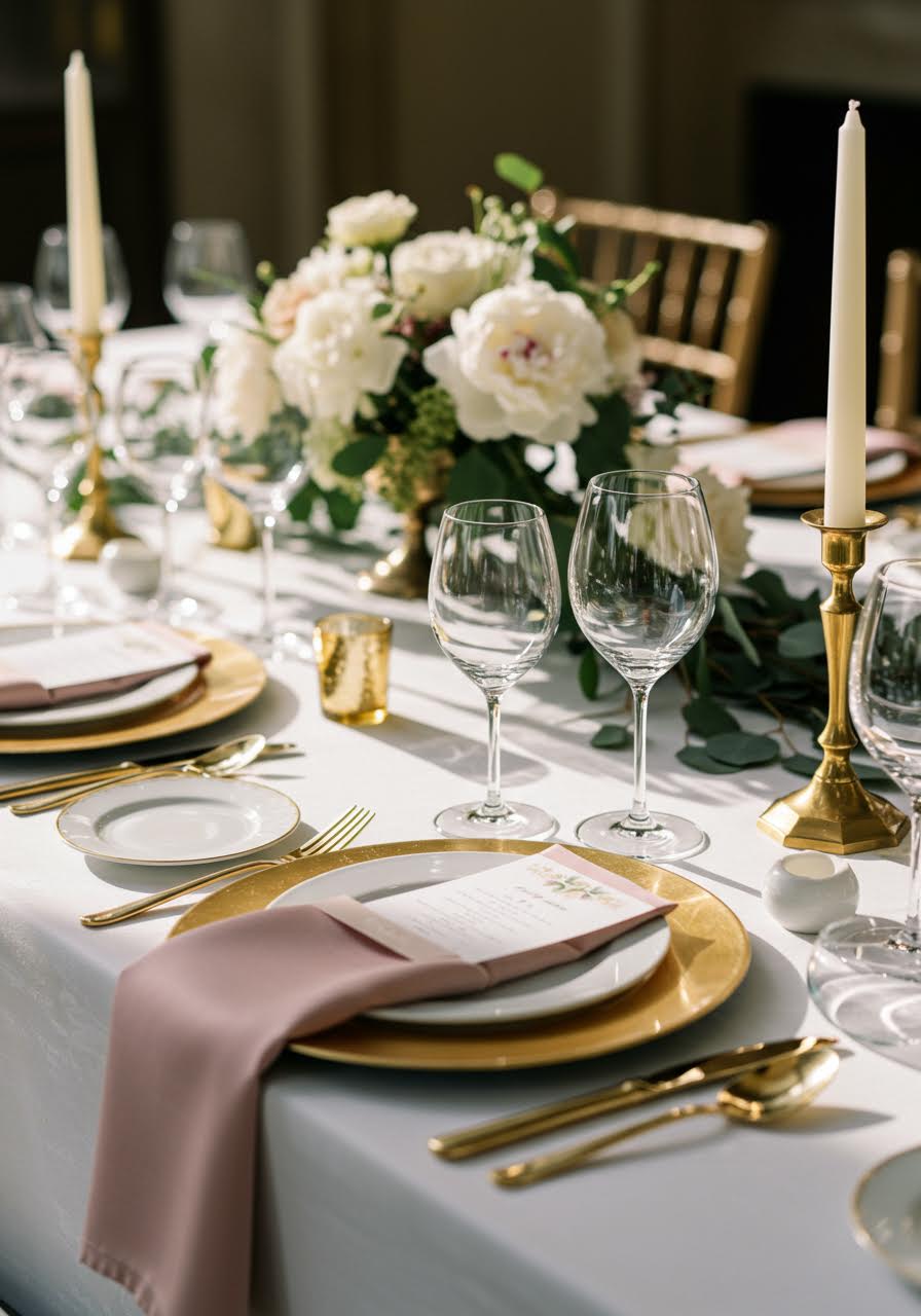 Elegant wedding table setting with fine china and crystal wine glasses