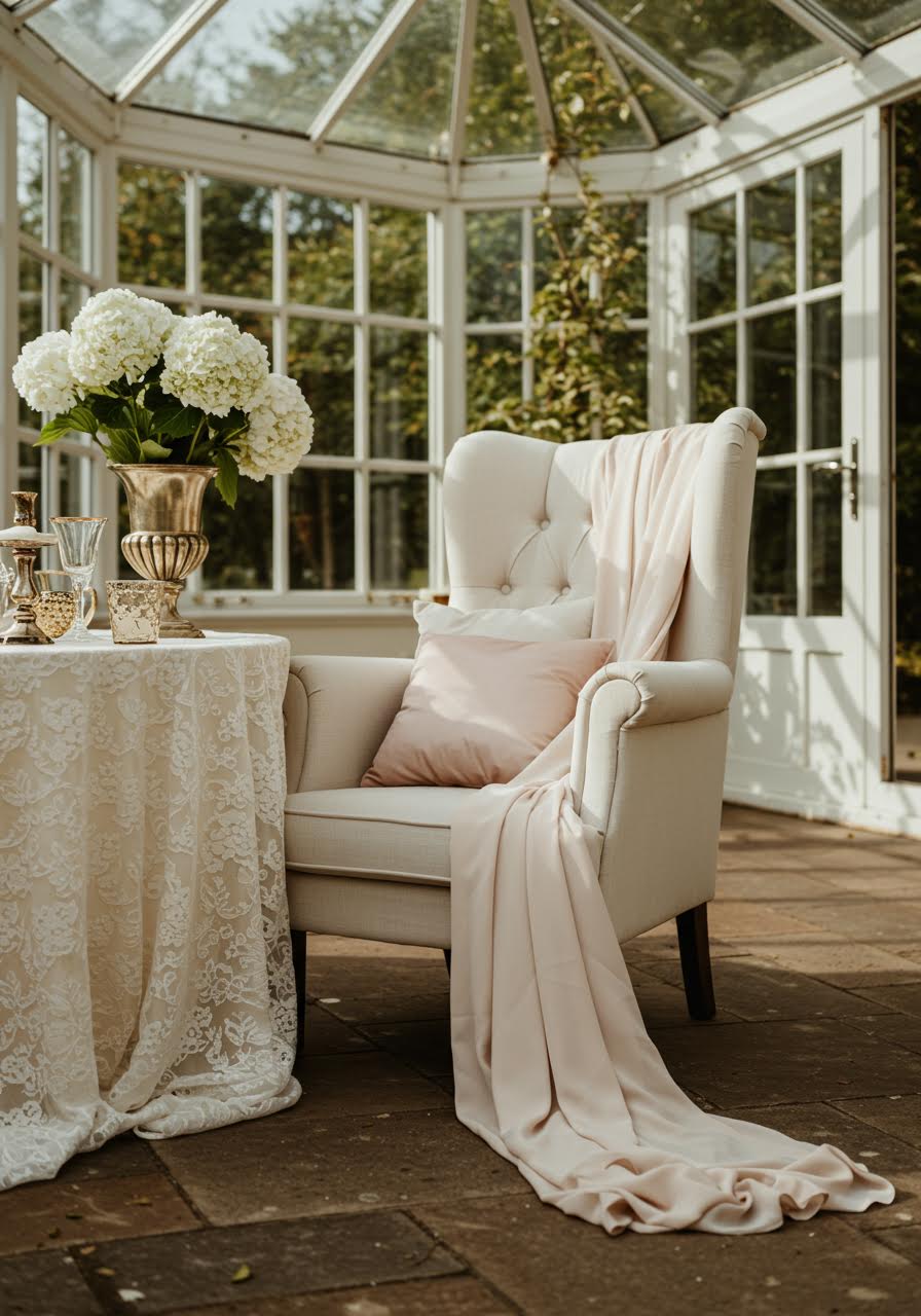 Refined wedding table setting with delicate lace runner and porcelain vases