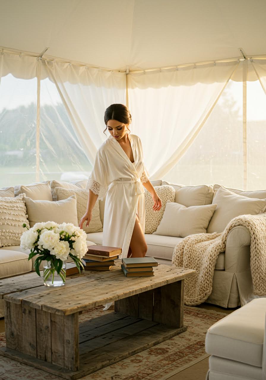 Serene wedding lounge area with flowing ivory silk and white peonies during golden hour