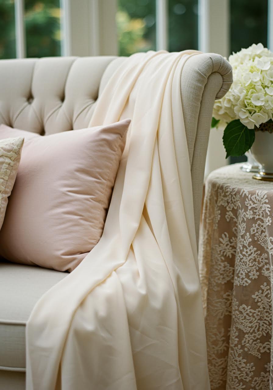 Luxurious ivory velvet armchair with blush silk cushions in sunlit conservatory