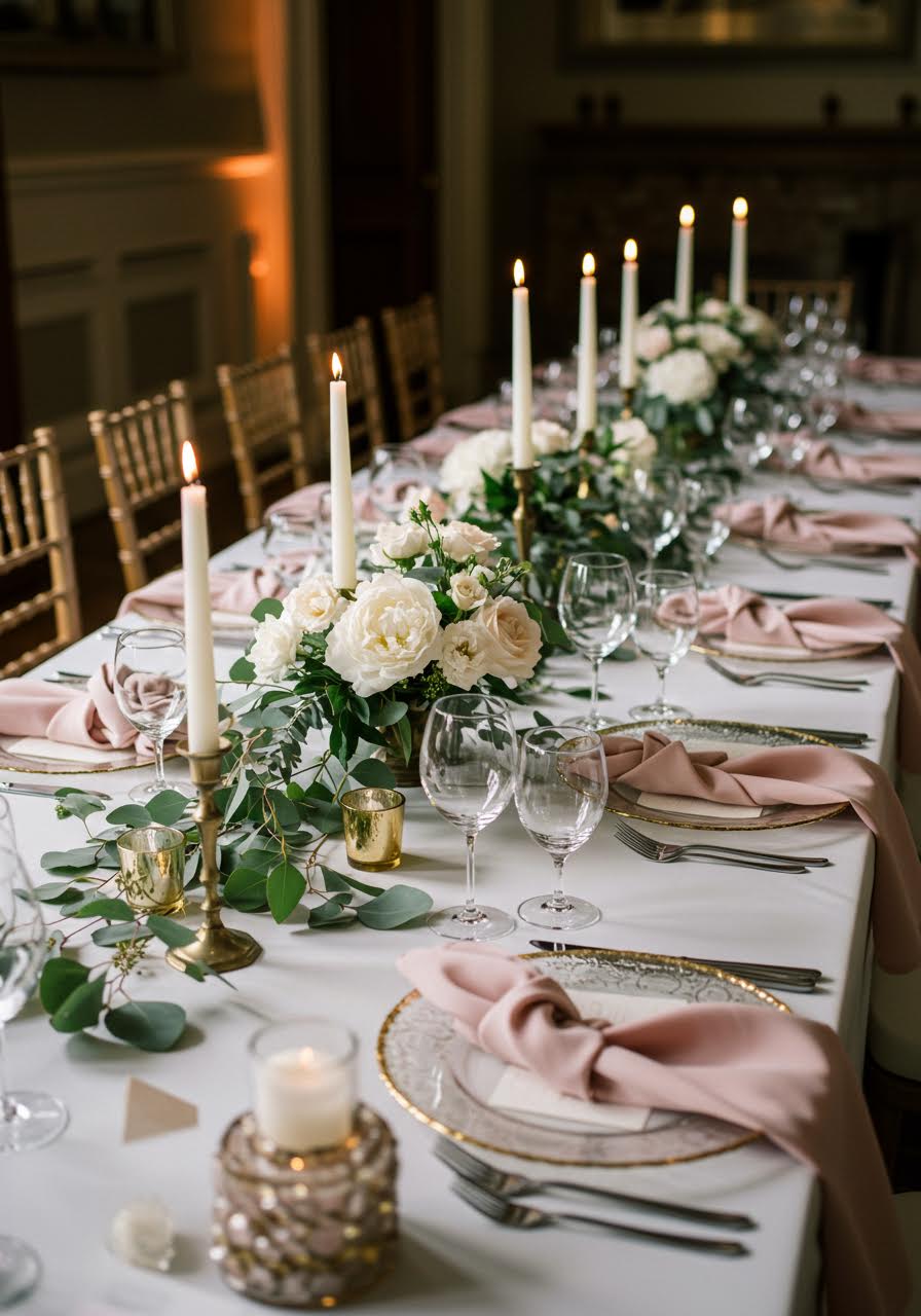 Sophisticated dining room table with gold-rimmed charger plates and white linens