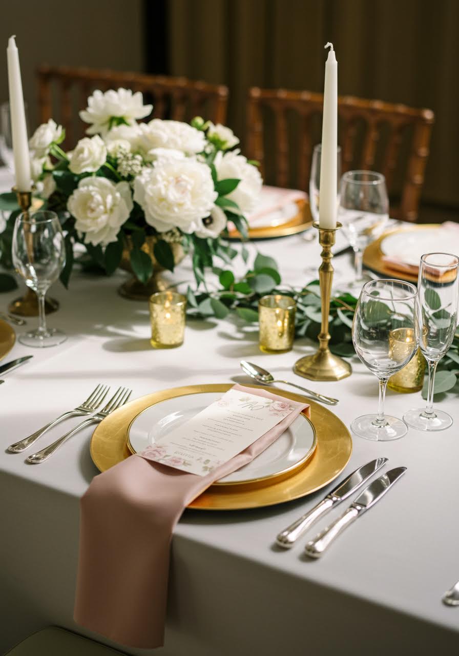 Classic wedding tablescape with cut crystal stemware and eucalyptus centerpiece
