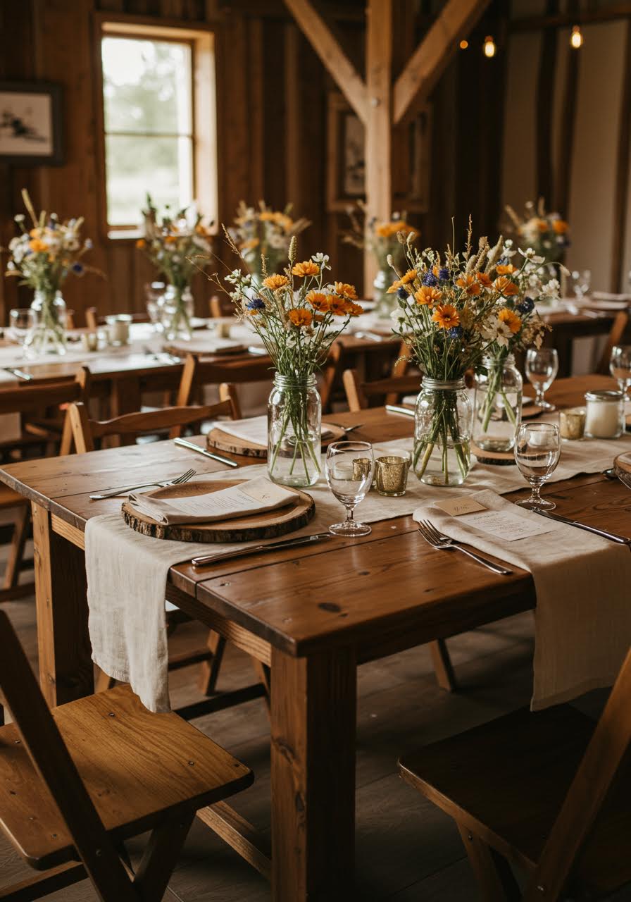 Cozy indoor reception space with exposed beams and wildflower centerpieces