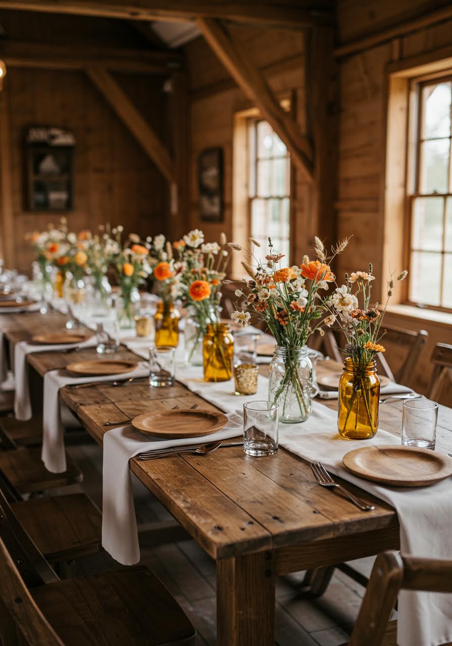 Rustic farmhouse dining table with wooden charger plates and linen napkins