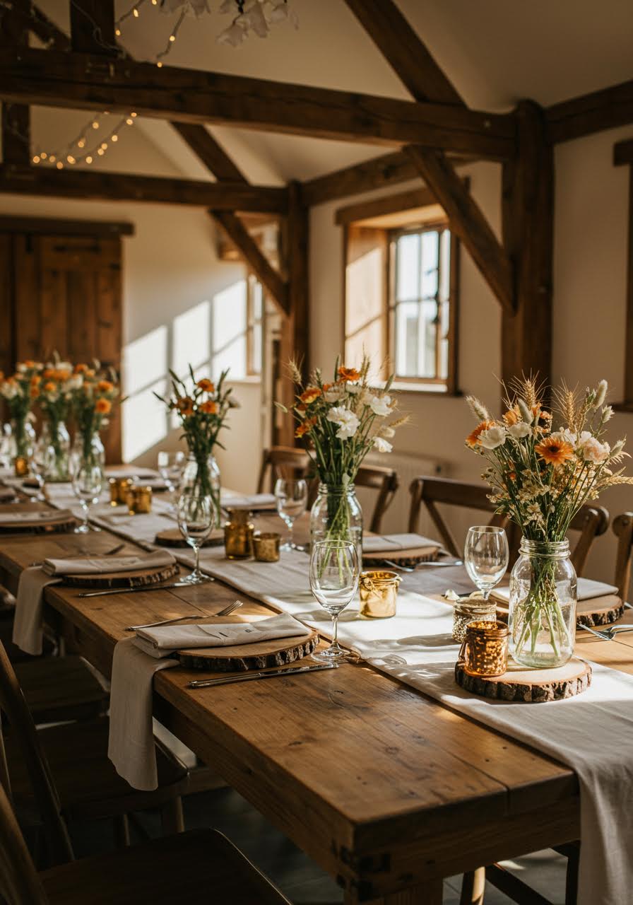 Weathered oak table setting with cream linens and peach blooms
