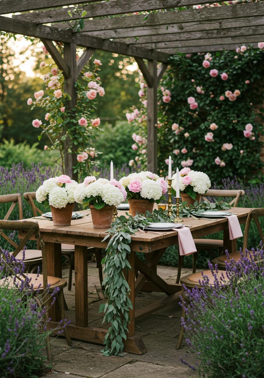 Stone patio dining with brass candlesticks and lush garden plantings