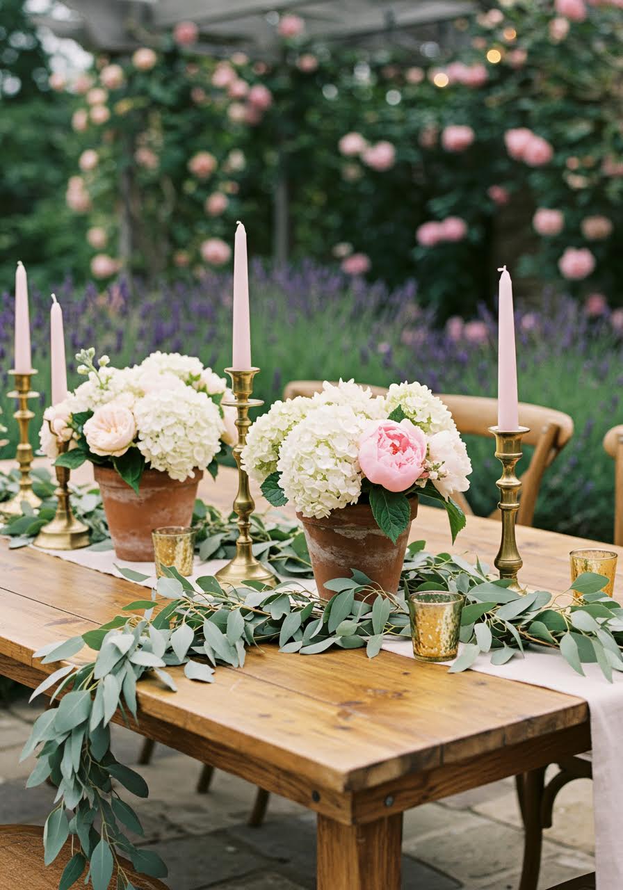 Garden party tablescape surrounded by lavender bushes and climbing roses