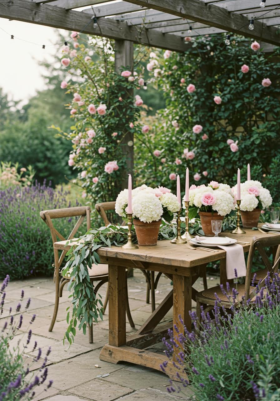 Rustic farmhouse table with eucalyptus garlands and weathered terracotta pots