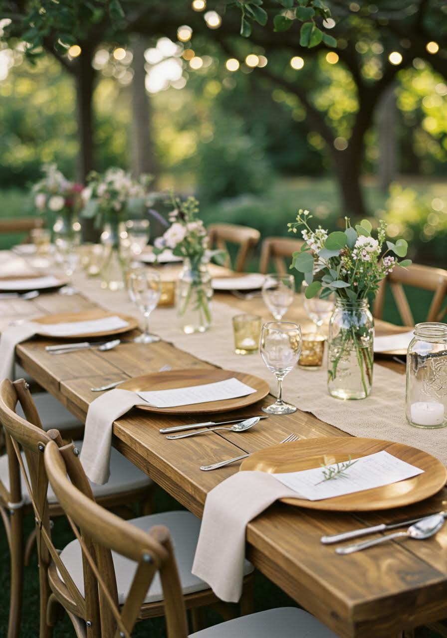 Outdoor wedding tablescape with mason jar centerpieces and cross-back chairs