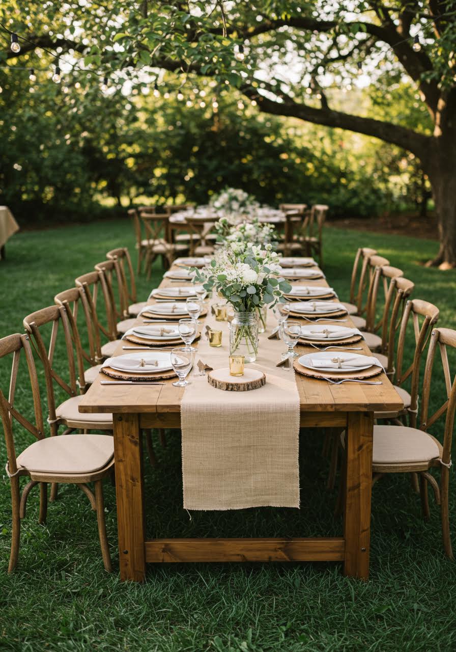 Golden hour farm table setting with wildflowers and natural wood elements