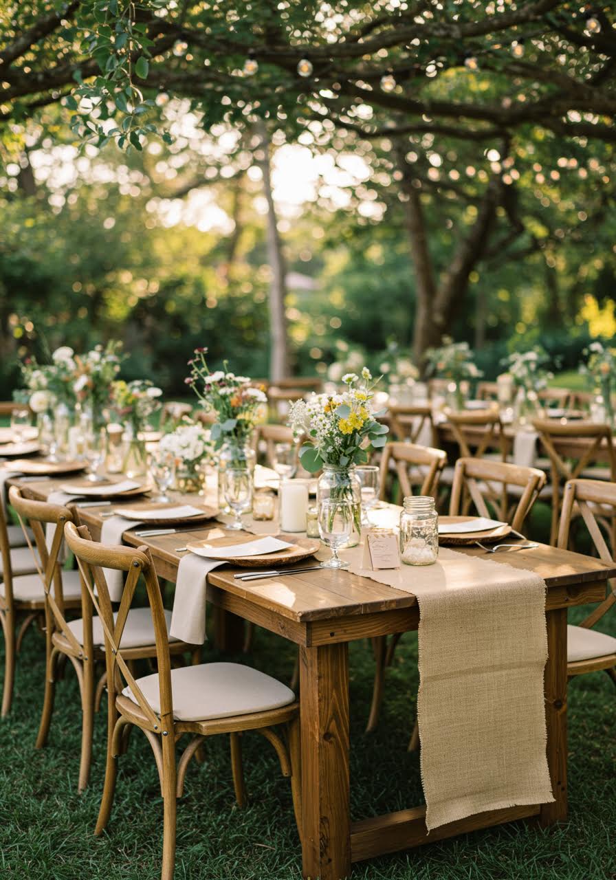 Rustic wooden farm table with natural charger plates in intimate garden setting