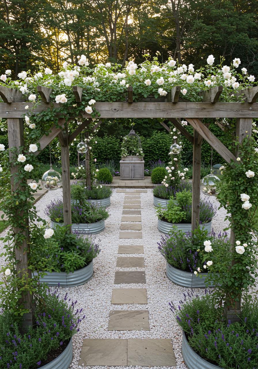 Serene herb garden with weathered cedar beams and hanging glass terrariums
