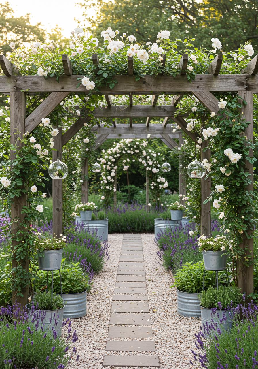 Rustic wooden pergola with cascading ivy and white climbing roses
