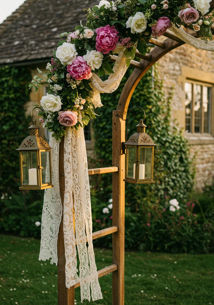 Vintage wedding ceremony arch adorned with dusty rose peonies and ivory roses beside rustic stone cottage