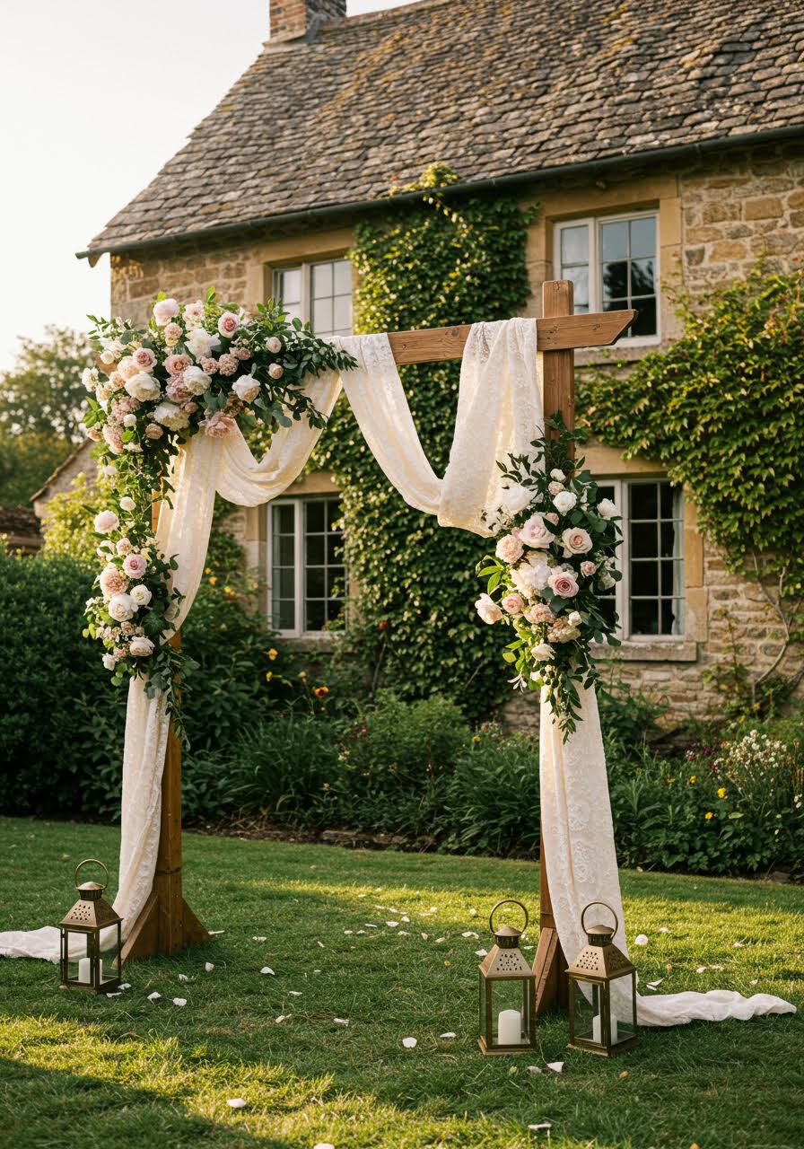 Ornate wooden wedding arch with cascading antique lace and brass lanterns in countryside garden setting