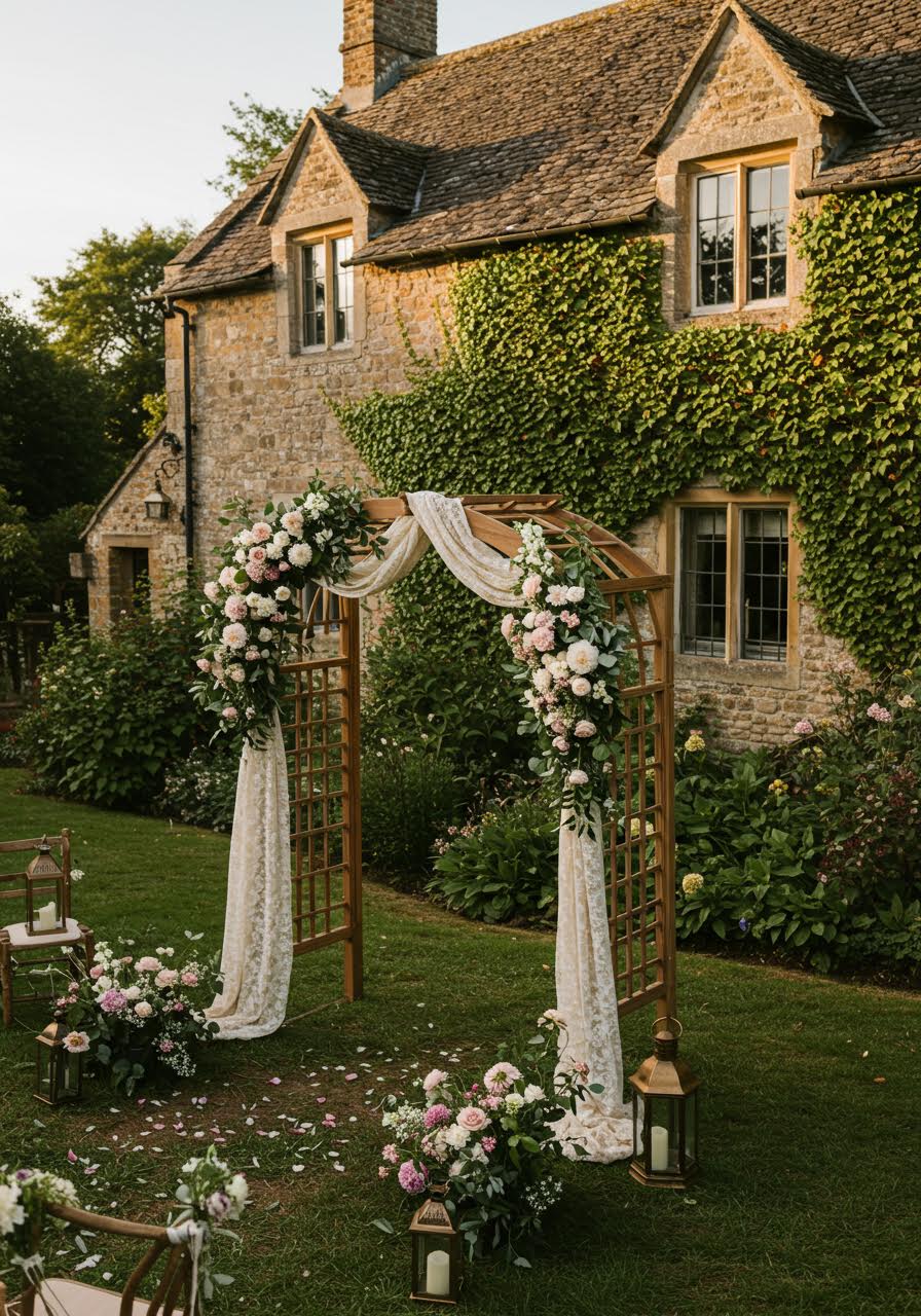 Romantic vintage-styled wedding arch with intricate lace details and golden hour lighting