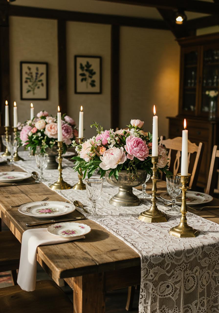 Golden hour reception table setting with dusty rose peonies in weathered silver compote bowl