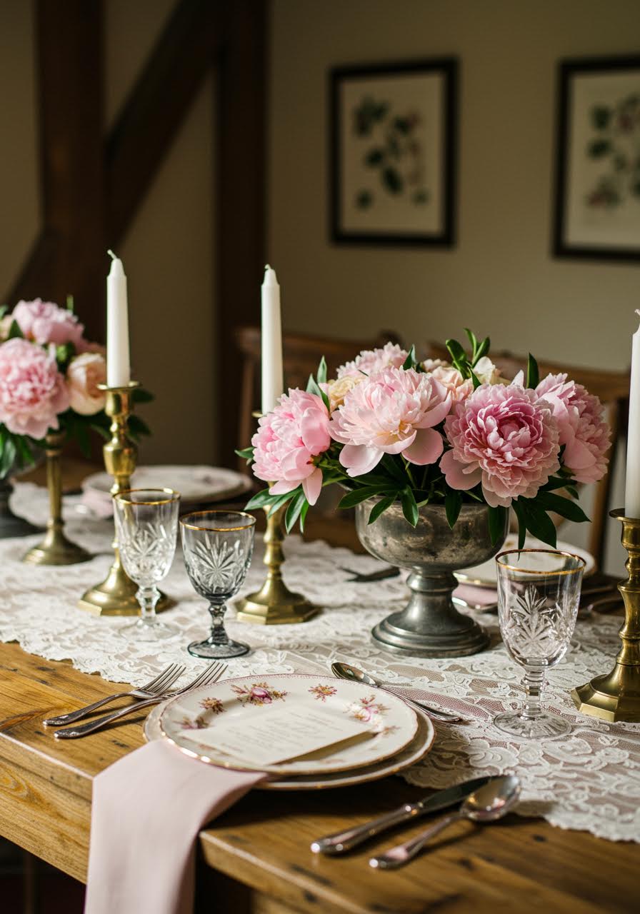 Vintage wedding tablescape featuring antique brass candlesticks and crystal goblets with heirloom china