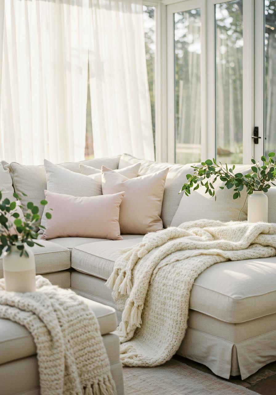 Wedding lounge sectional sofa with blush silk pillows and cashmere blankets