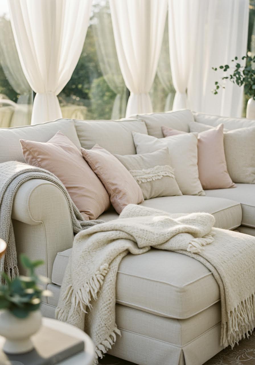 Golden hour lounge seating with eucalyptus sprigs and ceramic vessels