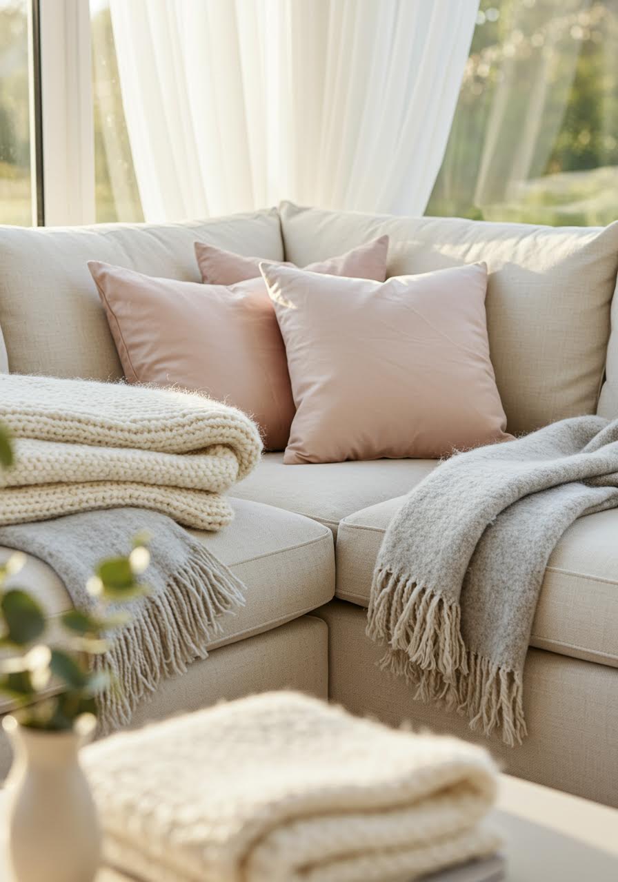 Luxurious textile arrangement with mohair throws in sunlit conservatory