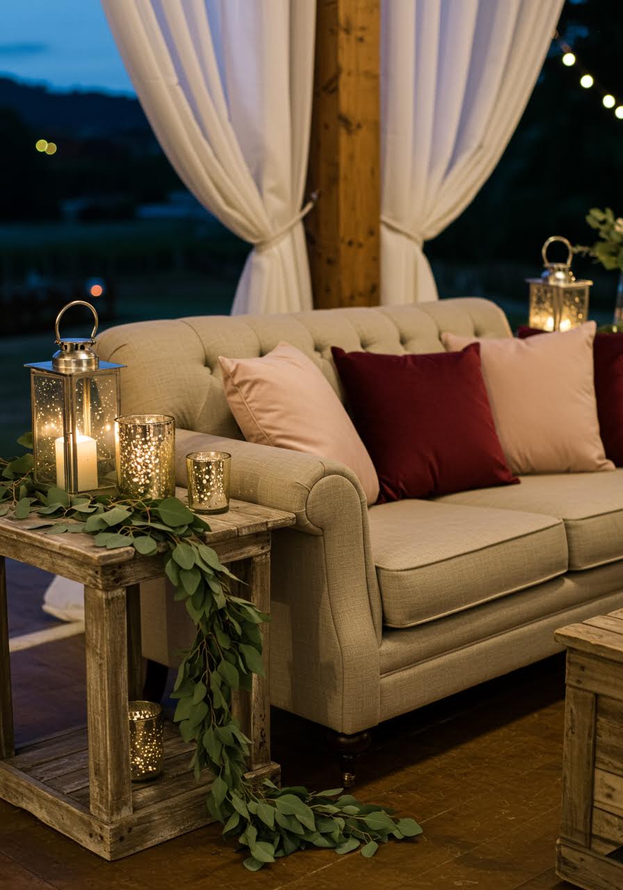 Comfortable linen wedding lounge seating with blush velvet cushions and eucalyptus garlands