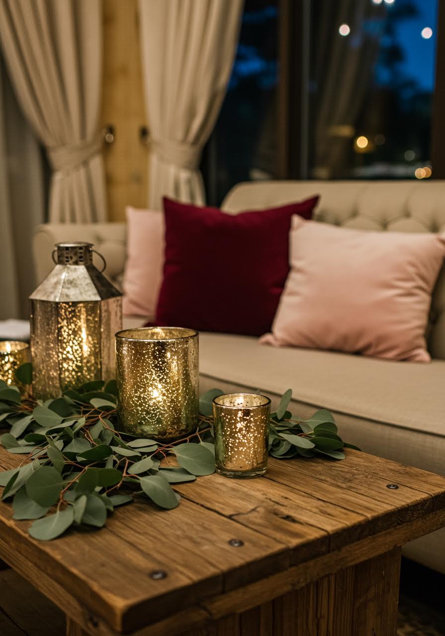Twilight wedding reception lounge area with textured fabrics and glowing lanterns