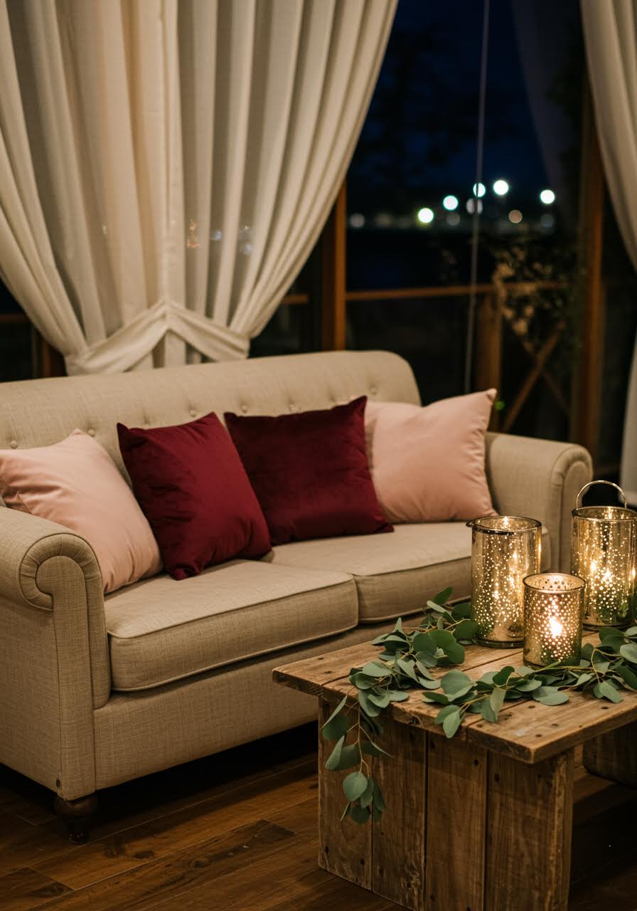Wedding reception table setting with burgundy velvet cushions and mercury glass lanterns
