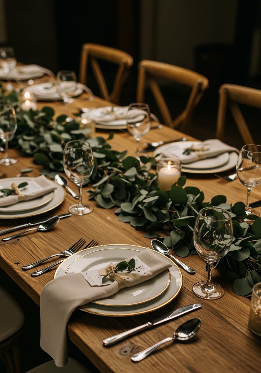 Overhead view of wedding reception table with ivory china and gold rim details
