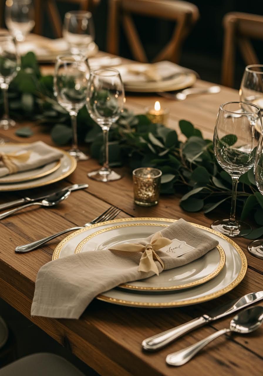 Bird's eye perspective of complete table setting with eucalyptus garland centerpiece