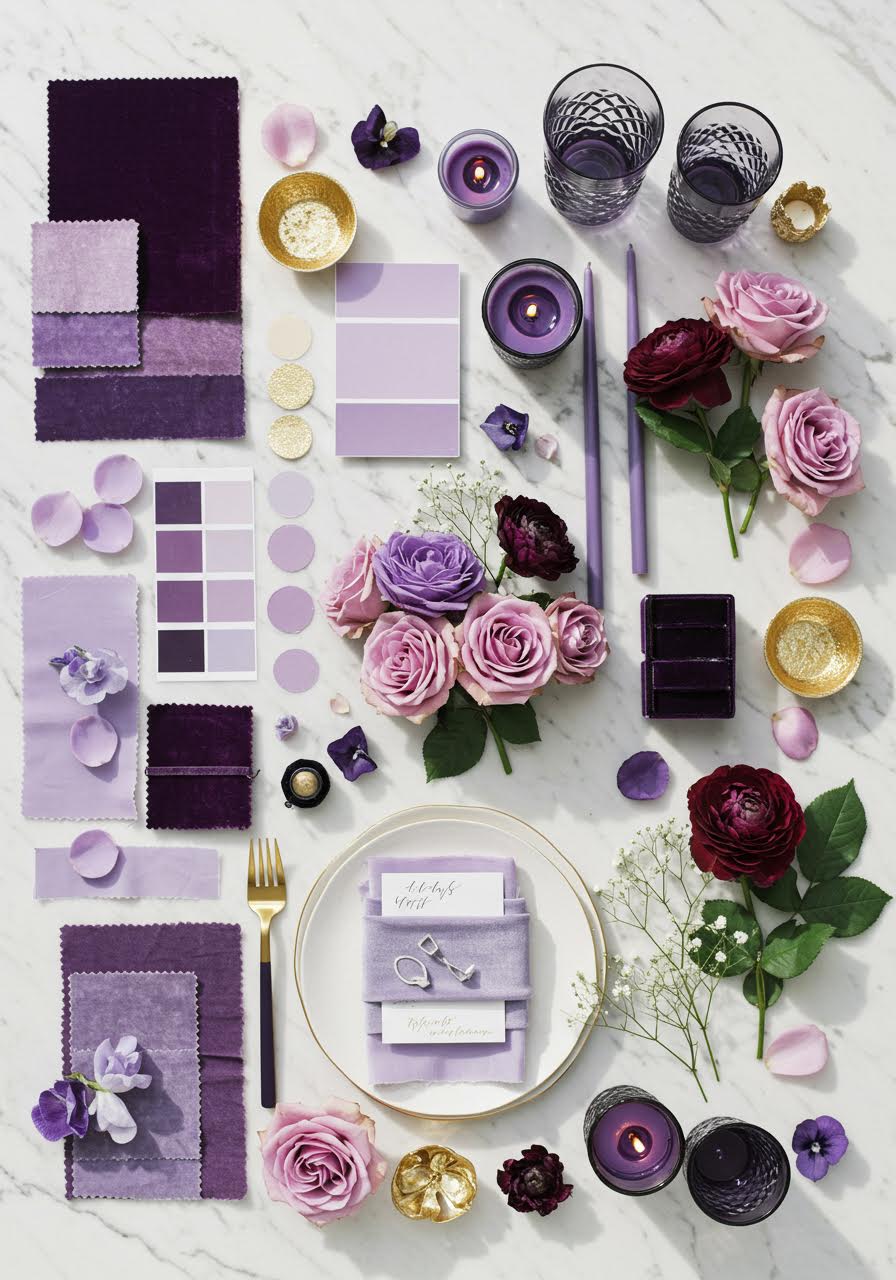 Regal amethyst wedding palette with deep purple, soft lilac and gold accents